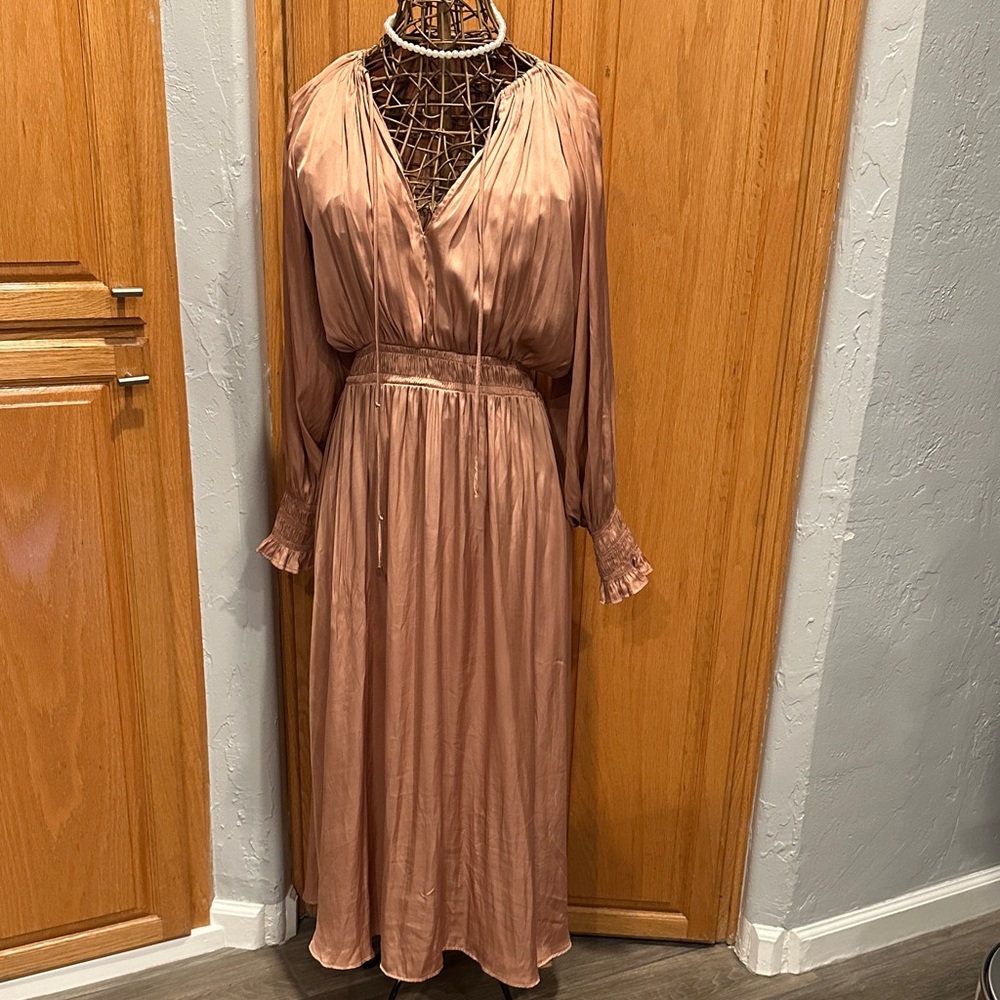 Elegant Women's Satin Dress in Rose Gold. Maxi, cinch waist and cuff. Medium